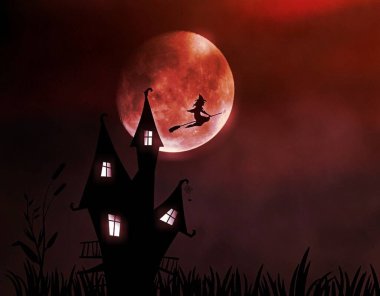 A Witch Flying On A Broom Under The Moonlight On A Foggy Halloween Night.