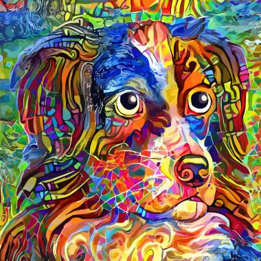 Sanatsal olarak tasarlanmış ve dijital olarak resmedilmiş, soyut empresyonist tarzda şirin pofuduk bir köpeğin portresi..