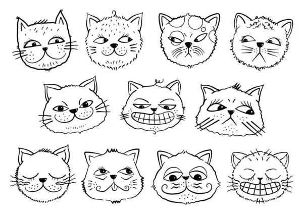 Sevimli el çizimi kedi yüzleri koleksiyonu..