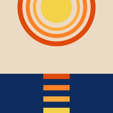 Günbatımına ve okyanusa ışık yansıtmalı basit, minimal bir geçmişe dönük sanat tarzı.. 