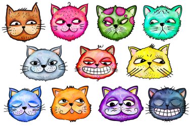 Suluboya mürekkep karalama stilinde yaratılmış şirin kedi yüzleri koleksiyonu.