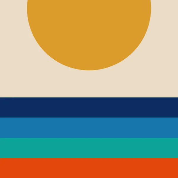 Simplistic Retro Art Style Calm Striped Sea Big Orange Sunset — Stock Vector