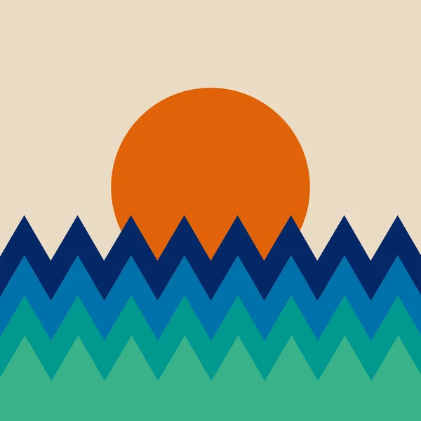 Simplistic Retro Art Style Wavy Striped Sea Big Orange Sunset —  Vetores de Stock