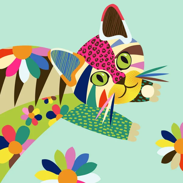Very Colorful Artistic Representation Leaping Feral Cat Image Has Been — Stock vektor