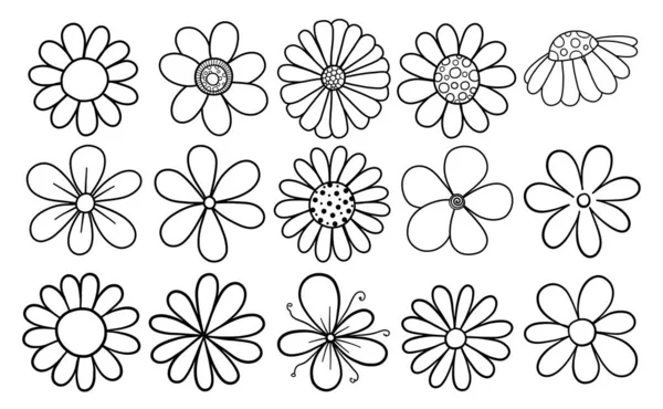 Conjunto Flores Margarida Estilo Doodle Desenhado Mão Linha Preta Simples — Vetor de Stock