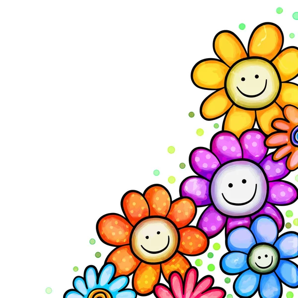 幸せな笑顔のデイジーの花のヘッジとかなり 活気のあるカラフルなページの境界線の装飾 — ストックベクタ