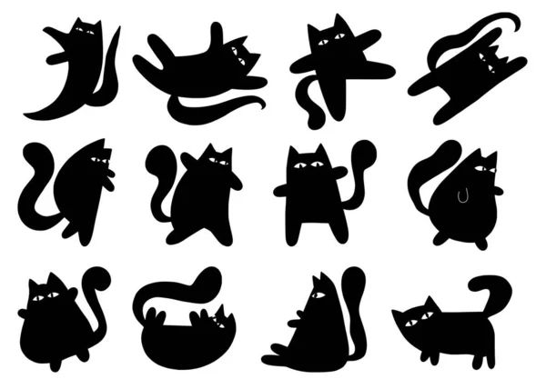 Eine Sammlung Von Vereinfachenden Flachen Minimalen Silhouetten Grafiken Schwarzer Katzen — Stockvektor