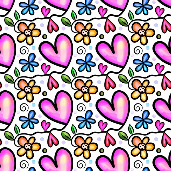 愛の心を持つみすぼらしいシックな 水彩インクスタイルのデイジーの花の背景パターン — ストック写真