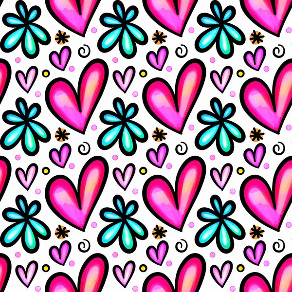 Pejmürde Suluboya Mürekkep Tarzı Aşk Kalpleri Olan Papatya Çiçeği Arkaplan — Stok fotoğraf