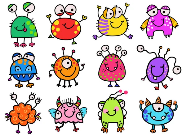 Rolig Och Färgstark Uppsättning Tecknade Barnliknande Stil Små Monster Tecken — Stock vektor
