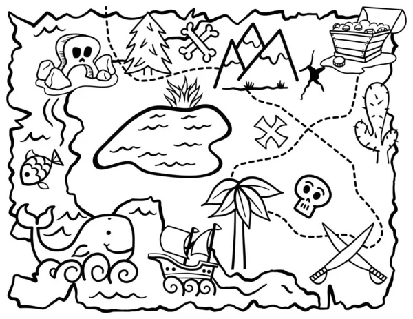 Ręcznie Rysowana Mapa Skarbów Doodle Czarno Białej Linii Dla Dzieci — Wektor stockowy