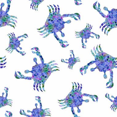 Sanatsal olarak tasarlanmış, geometrik şekillerden oluşan, cam kırıklarına benzeyen, kusursuz bir şekilde tekrar eden bir yengeç silueti.