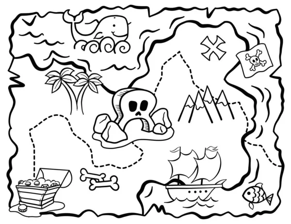 Ręcznie Rysowana Mapa Skarbów Doodle Czarno Białej Linii Dla Dzieci — Wektor stockowy