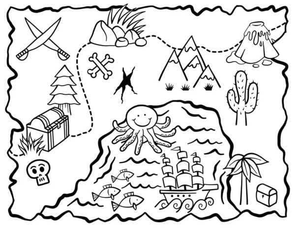 子供のための黒と白の線で手描きのドアの宝の地図を着色する — ストックベクタ