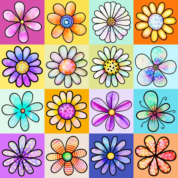 Hand Drawn Doodle Style Daisy Flowers Watercolor Ink Paint Effects — Stock Vector
