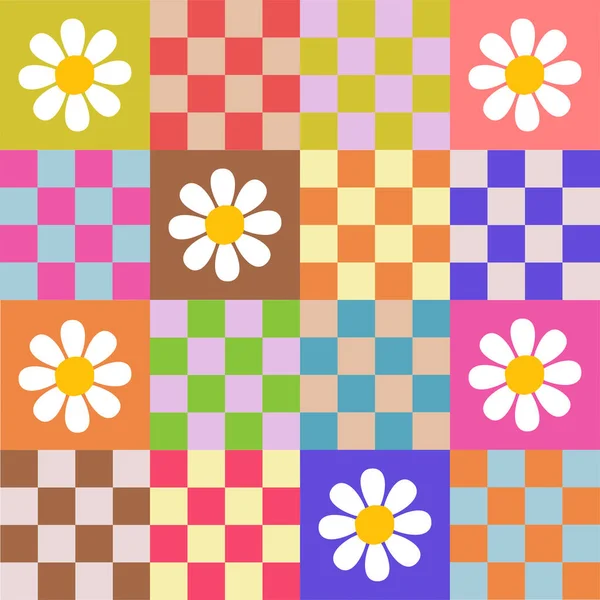 Ένα Διασκεδαστικό Και Μινιμαλιστικό Floral Checker Πίνακα Φόντο Υφασμάτινο Μοτίβο — Διανυσματικό Αρχείο