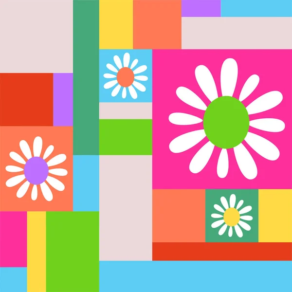楽しさ カラフルでミニマリストのチェッカーボード デイジーの花とモザイクの背景テキスタイルパターン — ストックベクタ