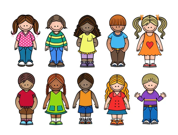 Grupo Niños Niñas Felices Diversos Poses Pie Aislados Sobre Fondo — Vector de stock