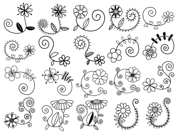 Conjunto Mão Bonito Desenhado Doodle Floral Floresce Preto Branco — Vetor de Stock