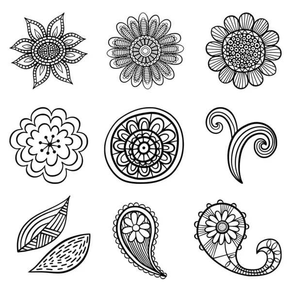 stock vector A set of hand drawn doodle style, folk art floral design elements.