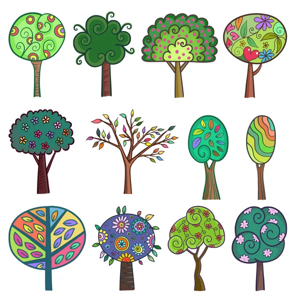 Eine Bunte Reihe Handgezeichneter Doodle Bäume Des Waldes Auf Weißem — Stockvektor