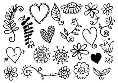 Siyah çizgiye çizilmiş karalama kalpler ve çiçek elementleri..