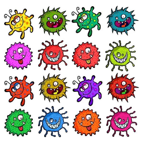 Set Sixteen Scary Cartoon Germ Virus Monsters Silly Facial Expressions — Stock Vector