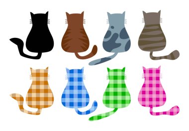 Arkadan sevimli kedi siluetleri. Beyaz bir arka planda izole edilmiş desenli..