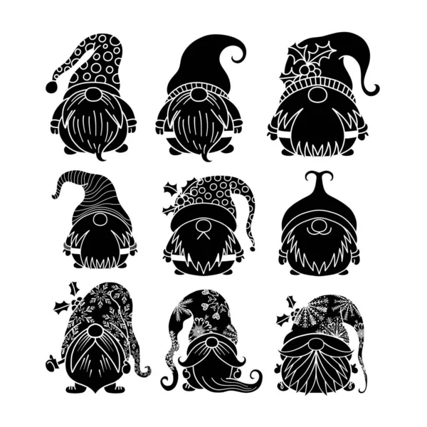 Divertidos Personajes Silueta Gnomo Jardín Con Gran Sombrero Barba — Vector de stock