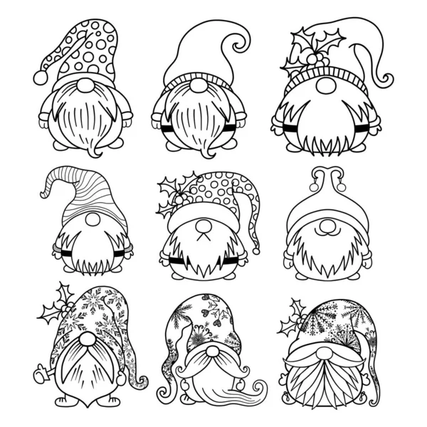 Personnages Drôles Gnome Jardin Noir Blanc Portant Grand Chapeau Barbe — Image vectorielle