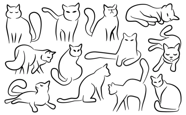 Collection Simplistic Flat Minimal Line Art Cats Various Poses — Stock Vector