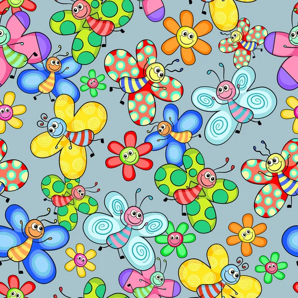 一个可爱多彩的无缝图案 有卡通蝴蝶和快乐的花朵 — 图库矢量图片