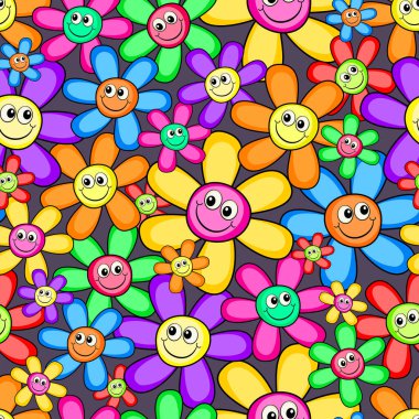Mutlu yüzlü papatya çiçeklerinden oluşan parlak, renkli ve neşe dolu bir desen..