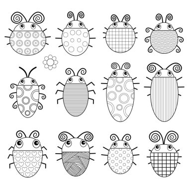 Renkli kanatlı, basit bir düz grafik tarzında dizayn edilmiş bir dizi çizgi film böceği..
