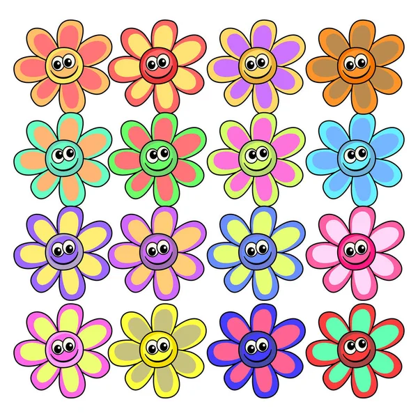 Bright Colorful Cheerful Set Cartoon Daisy Flowers Happy Smiling Faces — Stock Vector