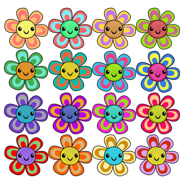 Bright Colorful Cheerful Set Cartoon Daisy Flowers Happy Smiling Faces — Stock Vector