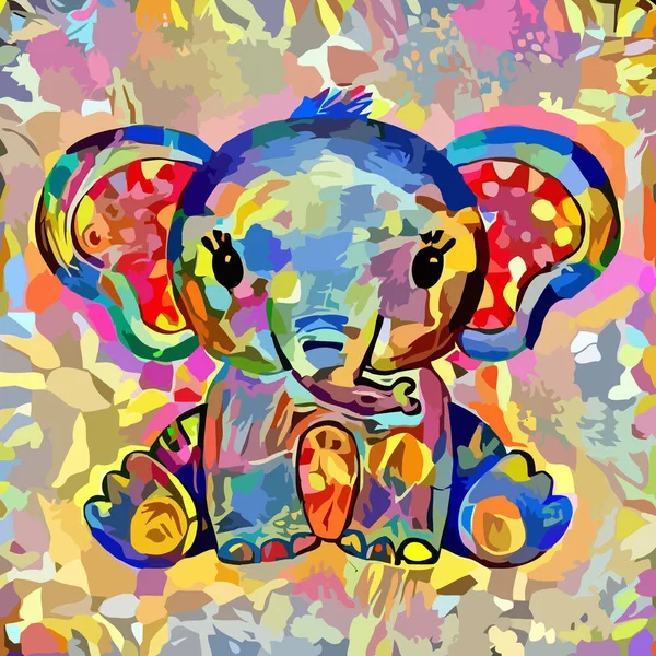 カラフルな抽象的な形で構成されたデジタル作成された 愛らしい赤ちゃん象の肖像画 — ストックベクタ