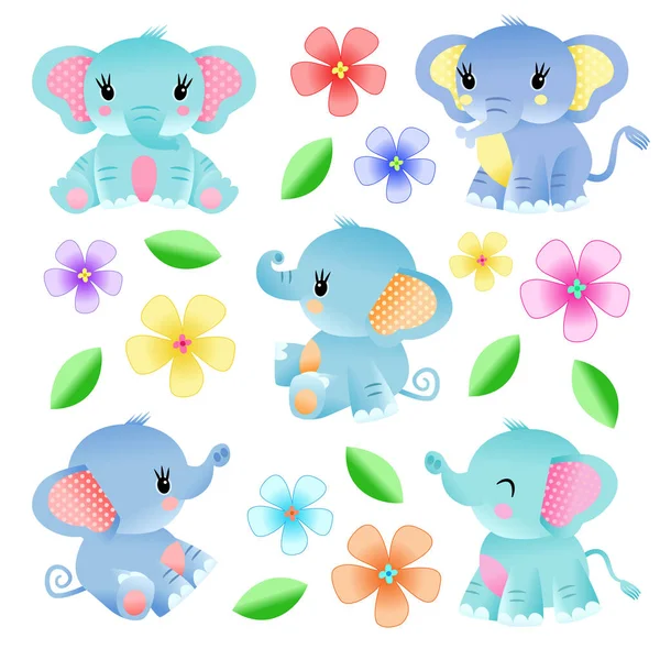 Adorable Set Baby Blue Elephants Floral Decoration Isolated White Background — Stock Vector