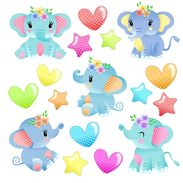 Adorable Set Baby Blue Elephants Floral Head Decoration Stars Heart — Vector de stock