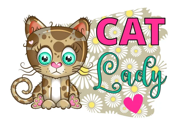 Cute Cartoon Pet Kitten Design Cat Lady Text Expression — Stok Vektör