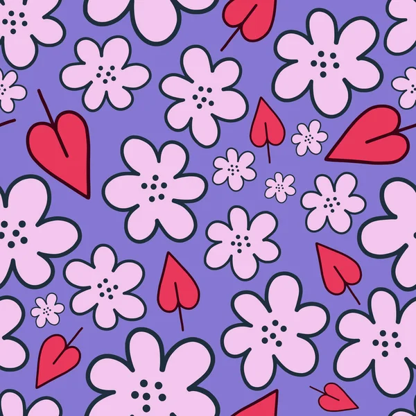 Hand Drawn Retro Style Seamless Pattern Doodle Daisy Flowers — Vector de stock