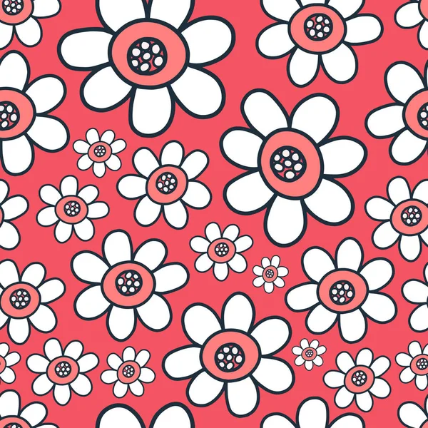 Hand Drawn Retro Style Seamless Pattern Doodle Daisy Flowers — 图库矢量图片