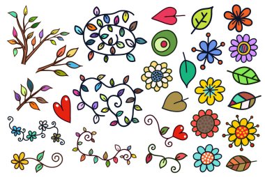 Çiçeklerden, yapraklardan ve sevgi dolu kalplerden oluşan dekoratif karalama elementleri..