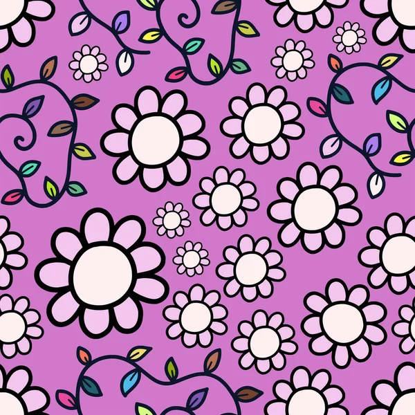 Hand Drawn Retro Style Seamless Pattern Doodle Daisy Flowers — ストックベクタ