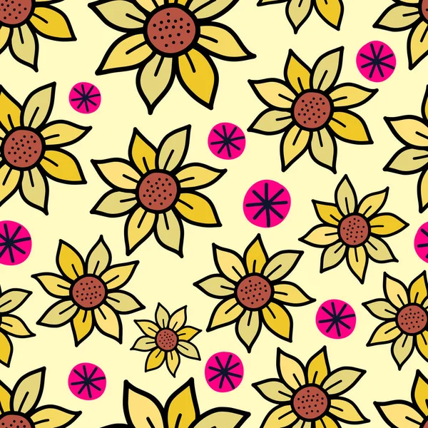Hand Drawn Retro Style Seamless Pattern Doodle Daisy Flowers — Stockvektor
