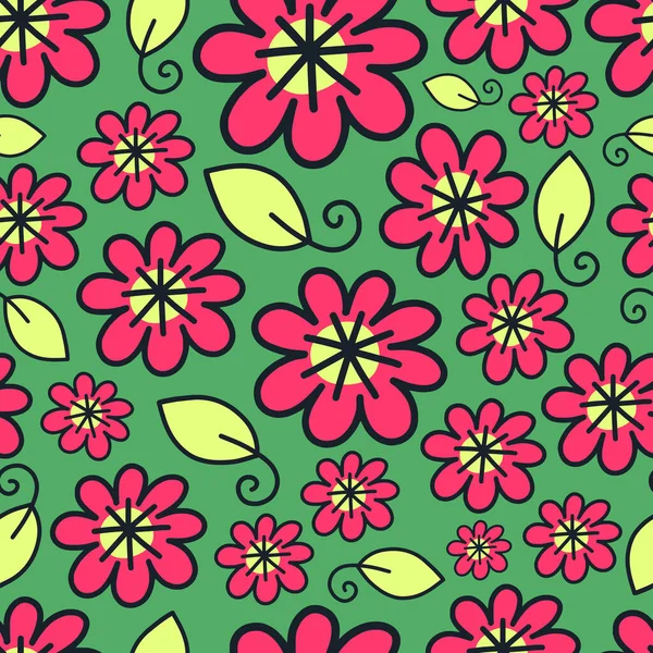 Hand Drawn Retro Style Seamless Pattern Doodle Daisy Flowers — Stockvektor