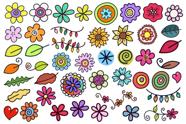 Conjunto Elementos Garabatos Decorativos Dibujados Mano Hechos Flores Hojas Corazones — Vector de stock