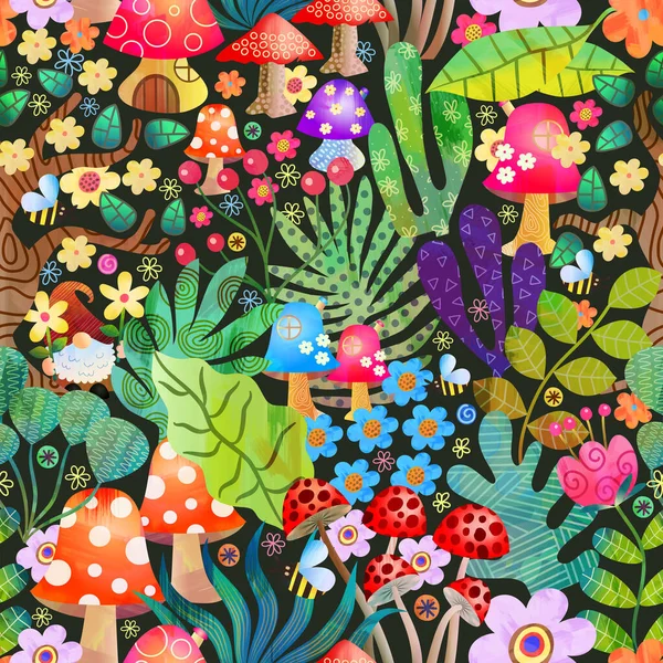Vibrant Seamless Textile Surface Design Themed Enchanted Forest Flowers Toadstools — ストック写真