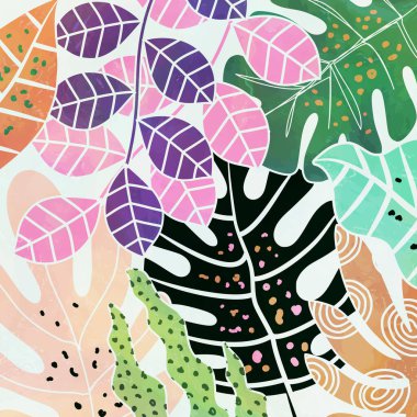 A fresh surface design with tropical leaves and plants and subtle watercolor effects.