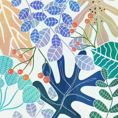 A fresh surface design with tropical leaves and plants and subtle watercolor effects.